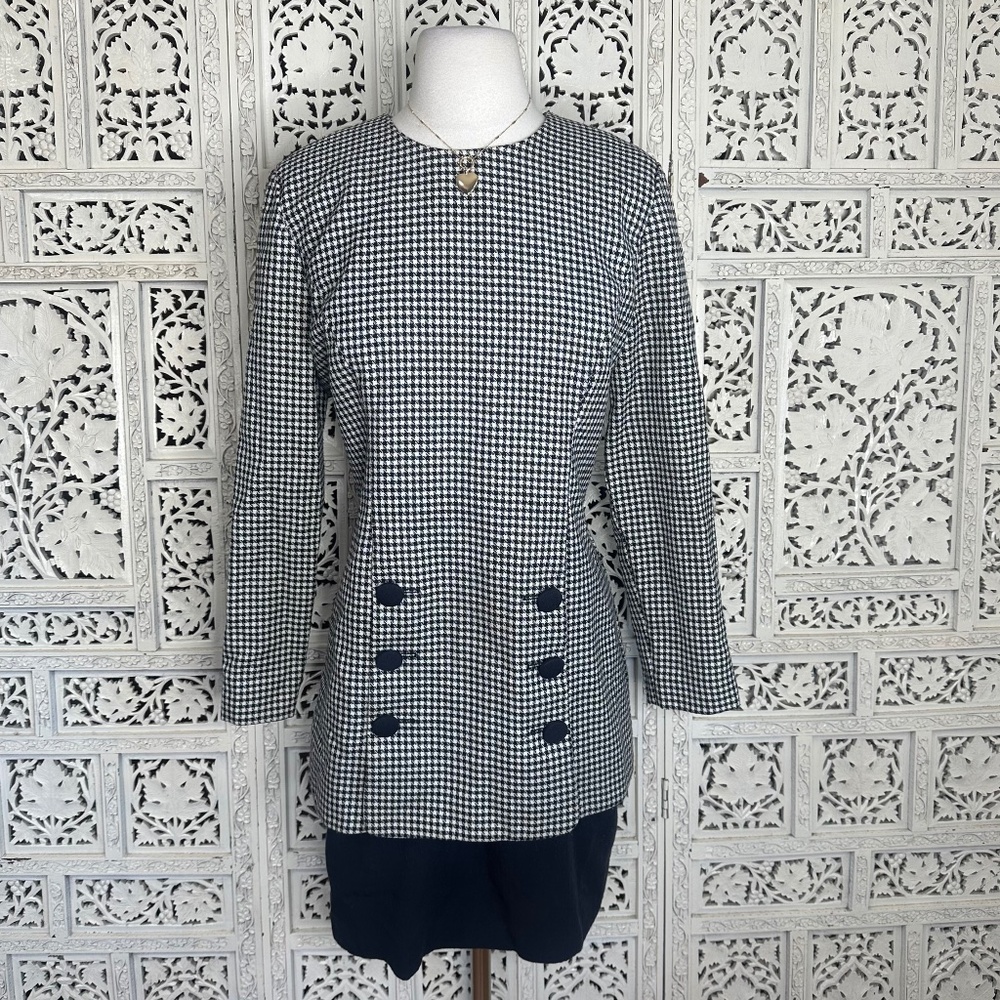 Vintage Black & White Preppy Ginhgam Career Long Sleeve Blazer Style Dress Sz 10